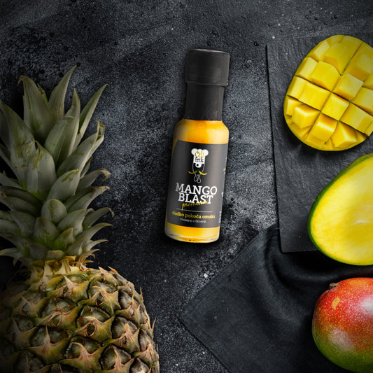 MANGO BLAST: Sladko pekoča čili omaka. Stopnja pikantnosti: 3/7 – 100 ml