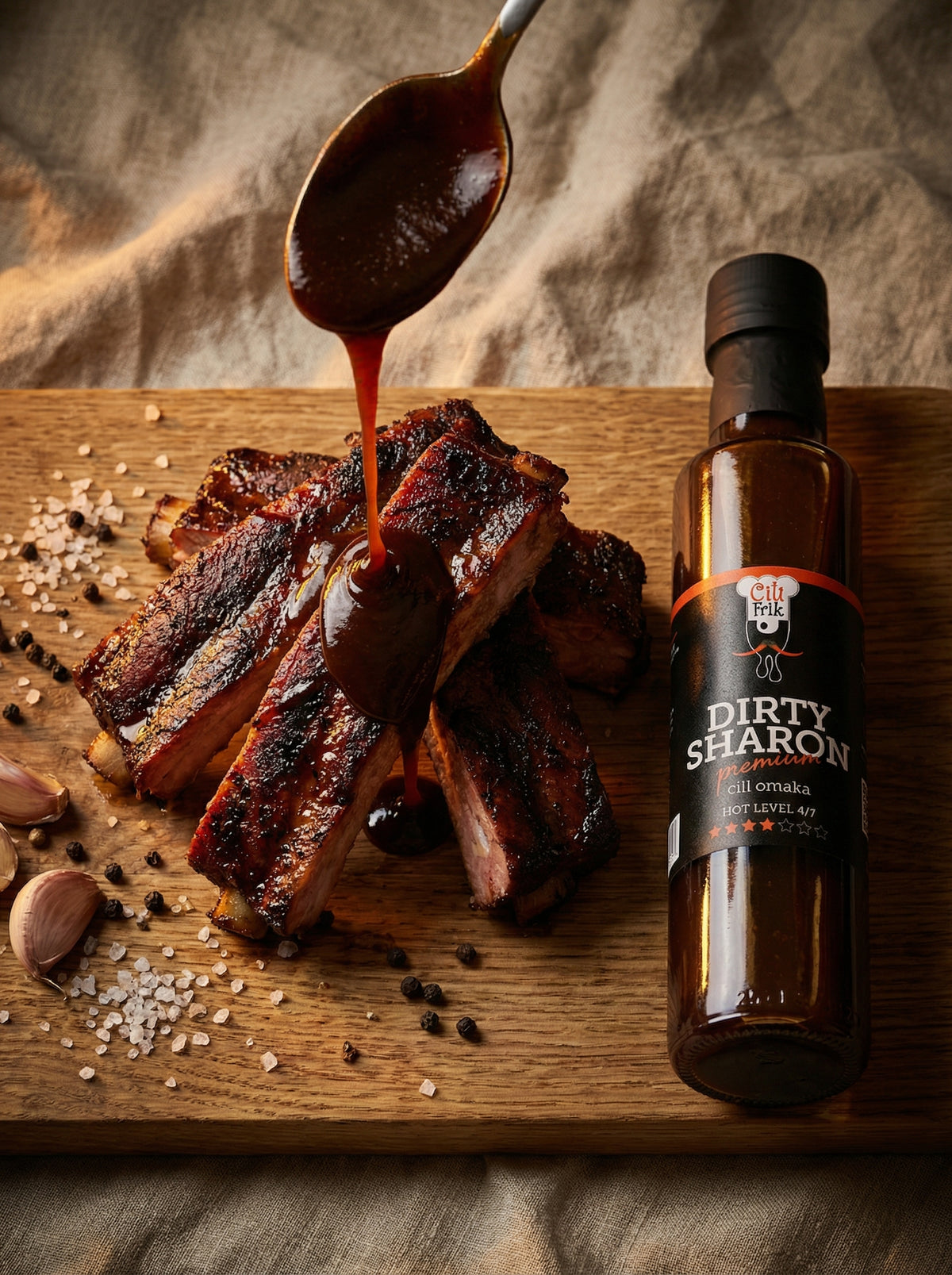 DIRTY SHARON: BBQ sauce. Spicy level: 4/7 – 250 ml 
